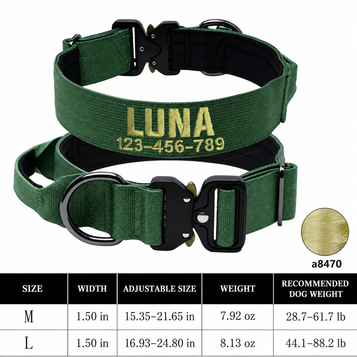 Custom Name & Phone Embroidered Heavy Duty Dog Collar