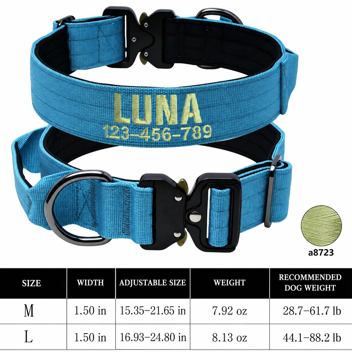 Custom Name & Phone Embroidered Heavy Duty Dog Collar