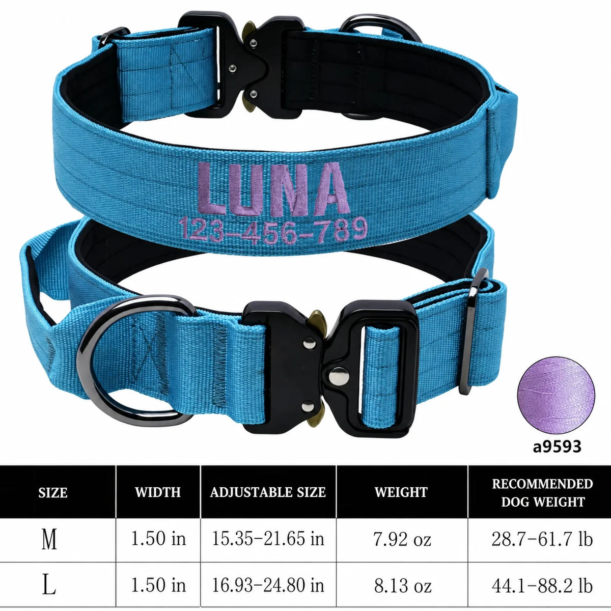 Custom Name & Phone Embroidered Heavy Duty Dog Collar