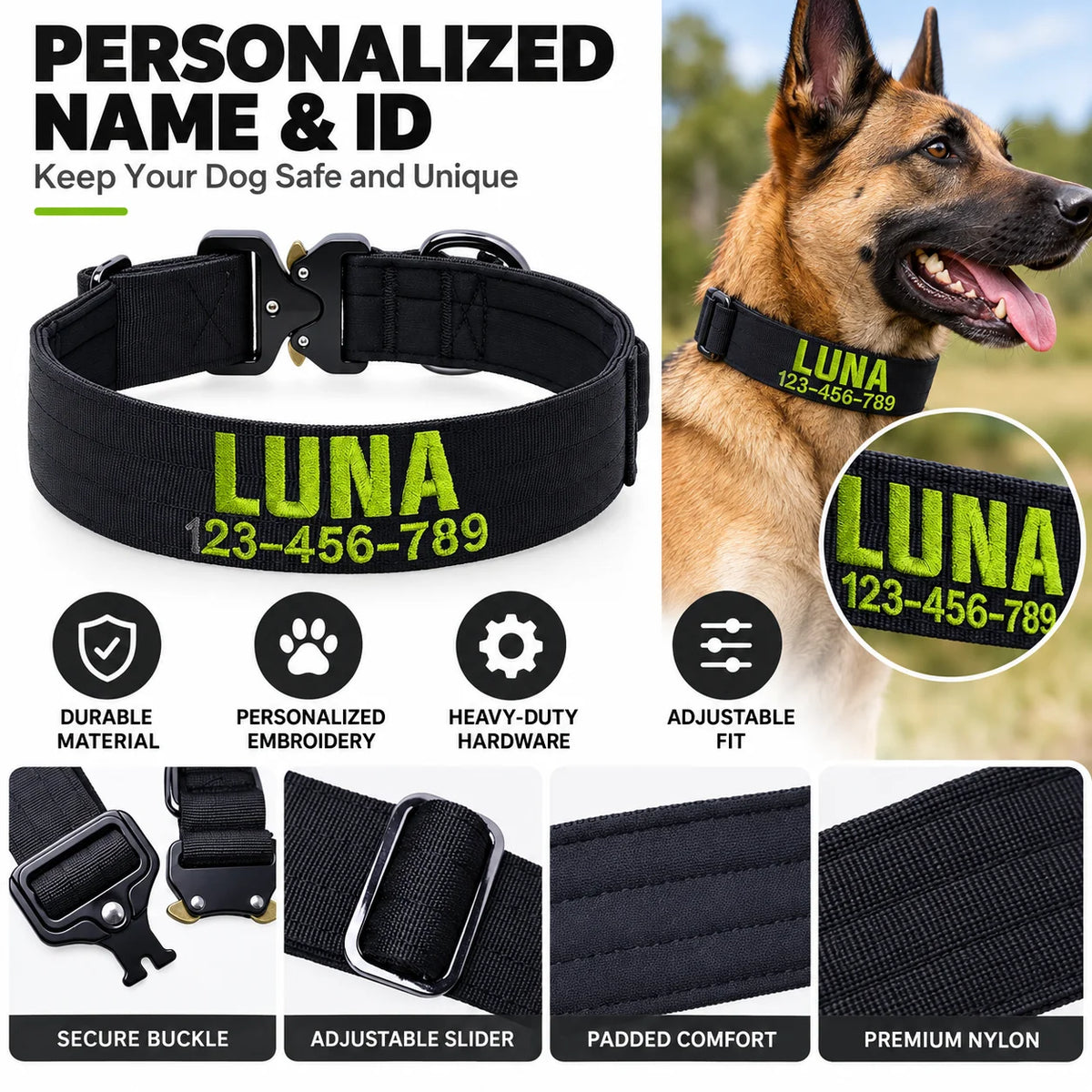 Custom Name & Phone Embroidered Heavy Duty Dog Collar