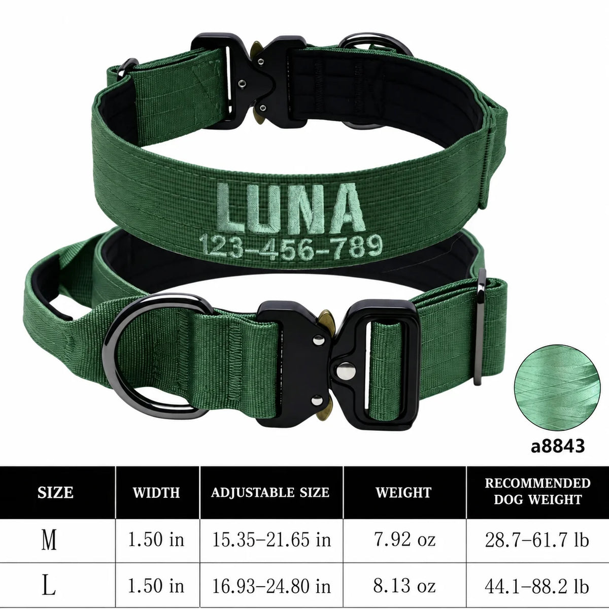 Custom Name & Phone Embroidered Heavy Duty Dog Collar