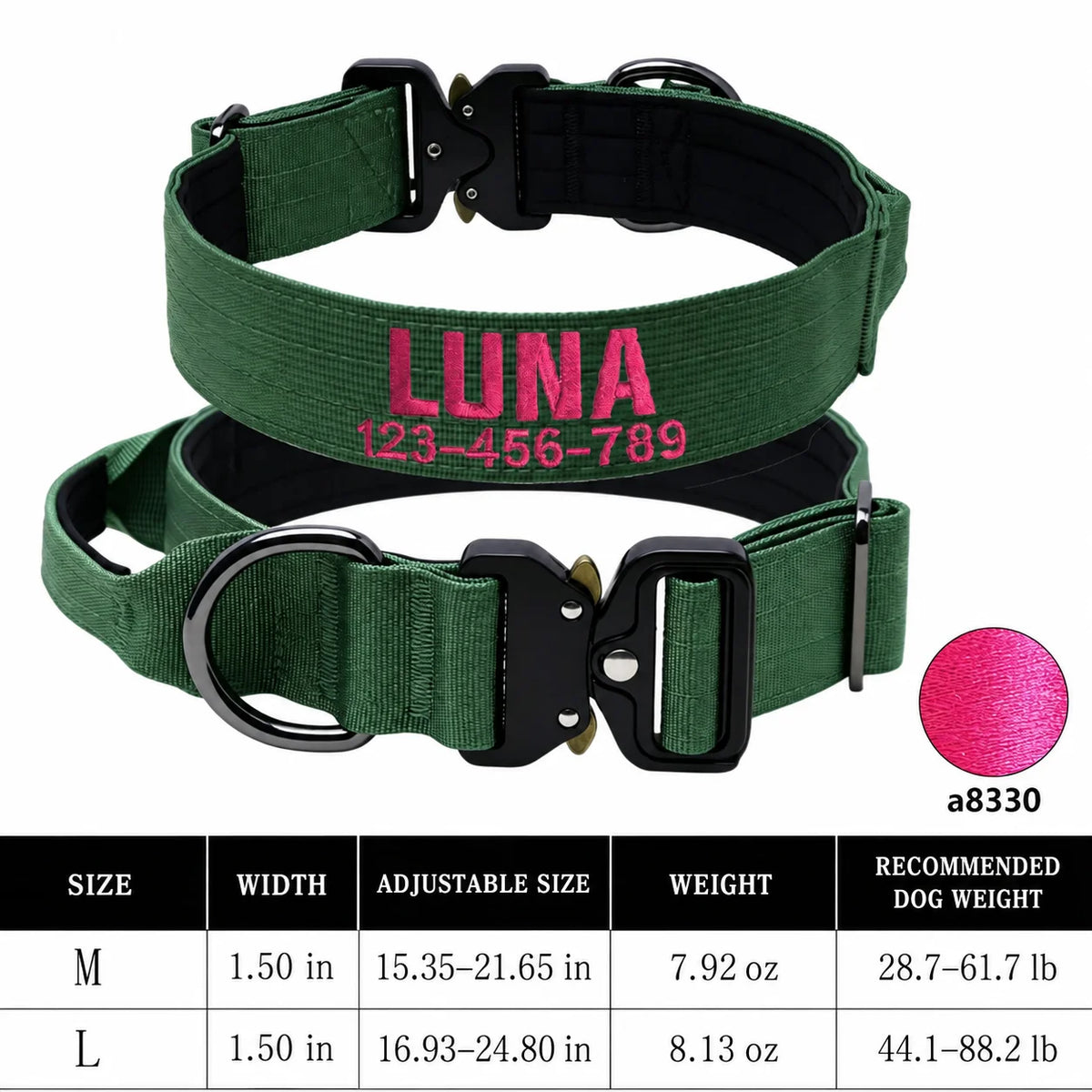 Custom Name & Phone Embroidered Heavy Duty Dog Collar
