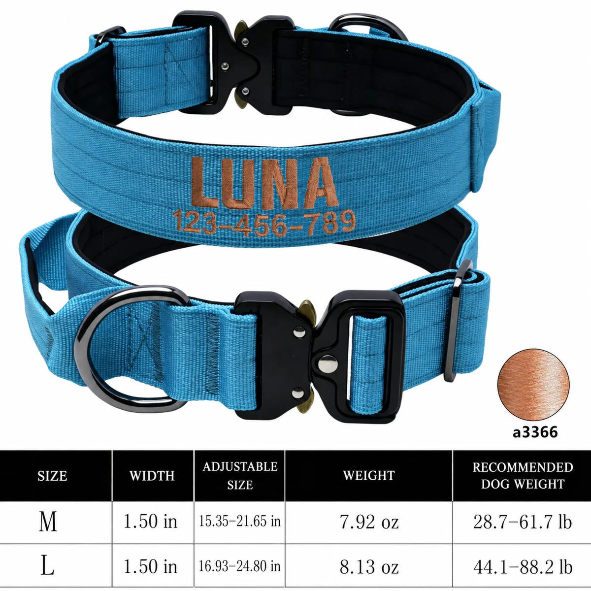 Custom Name & Phone Embroidered Heavy Duty Dog Collar