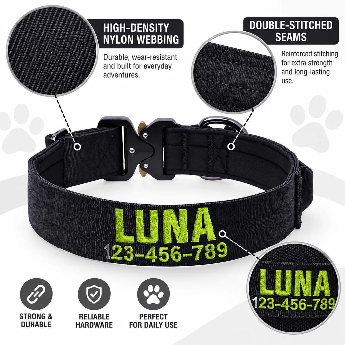 Custom Name & Phone Embroidered Heavy Duty Dog Collar