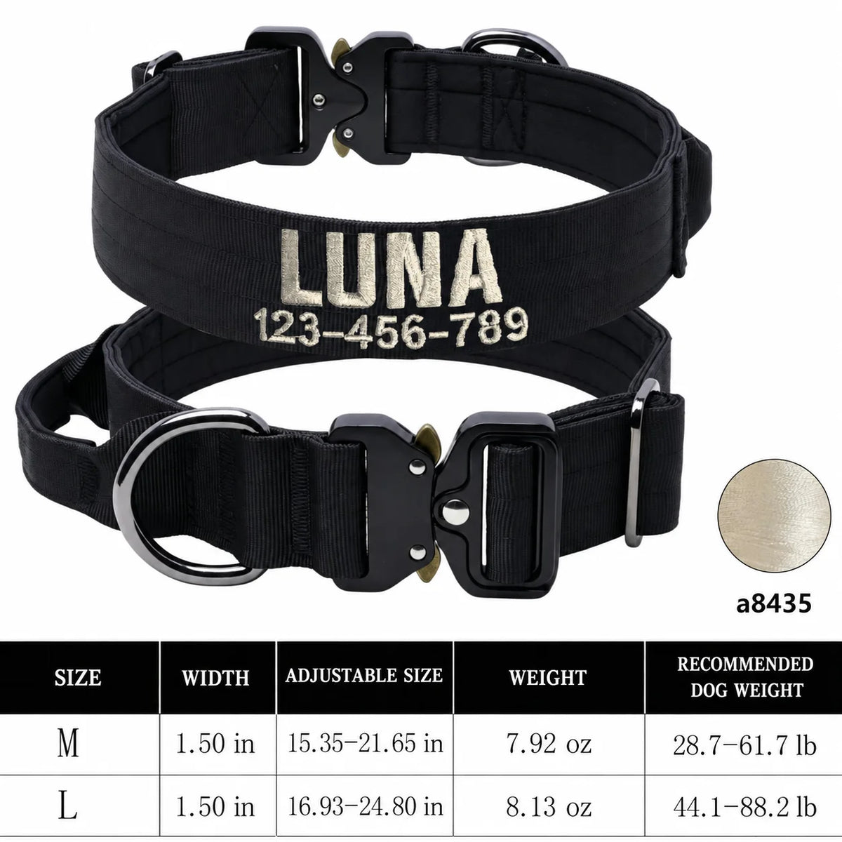 Custom Name & Phone Embroidered Heavy Duty Dog Collar